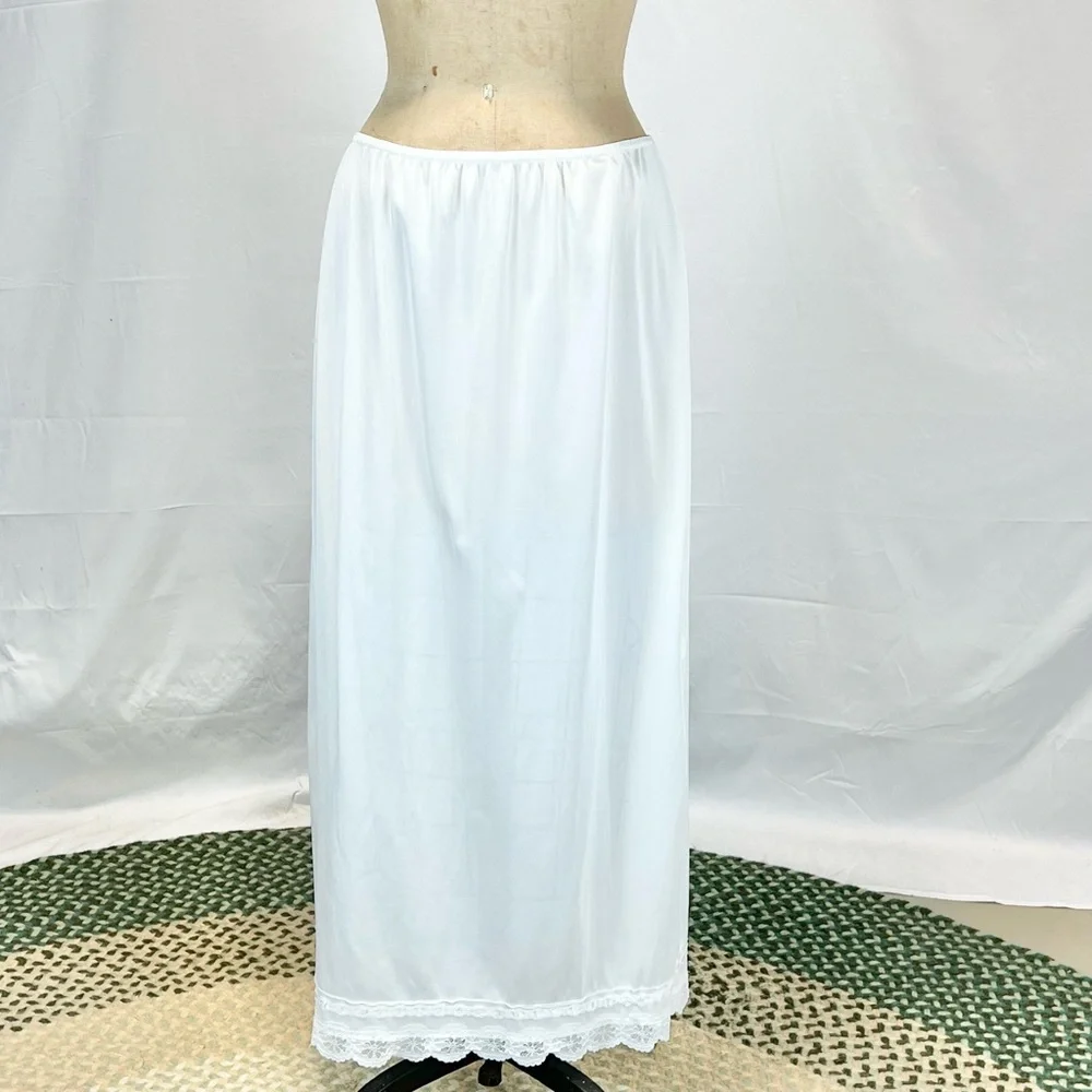 VINTAGE nylon silky dress skirt slip white lace side slit elastic waist maxi 70s - Picture 5 of 12